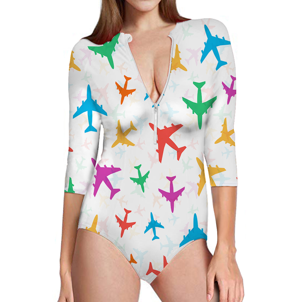 Seamless Colourful Airplanes Designed Deep V Swim Bodysuits