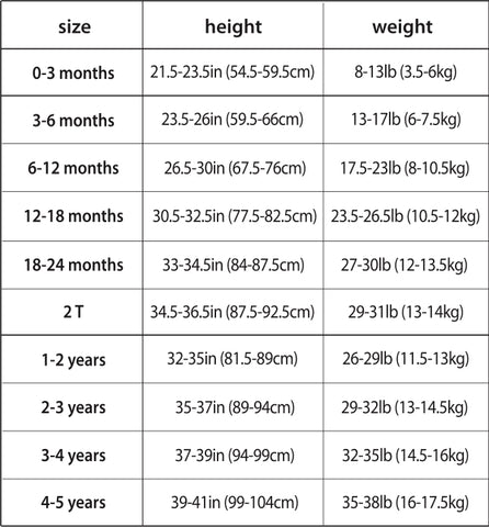 Zipadee Size Chart