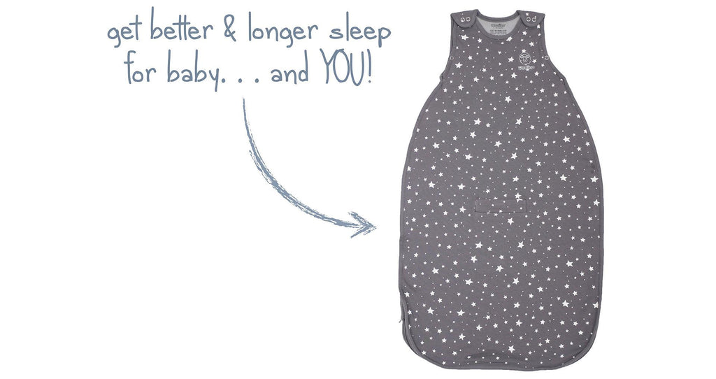 Product ad depicting The Woolino 4 Season Ultimate Baby Sleep Bag in Star Gray print. Get better and longer sleep for baby and you.