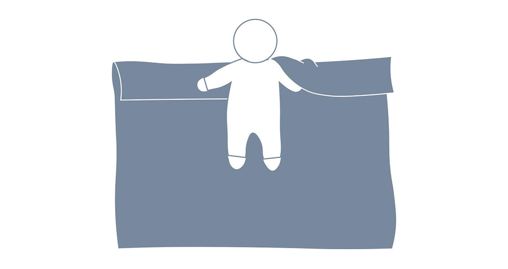 How to swaddle baby with arms up step 2 visual graphic showing baby lying on blanket with shoulders in line with the fold and one hand placed under the fold.