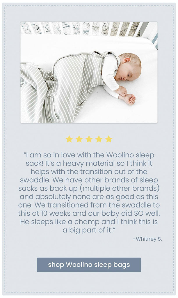 Woolino five star customer review with photo of baby sleeping in a Woolino 4 season ultimate merino wool baby sleep bag.