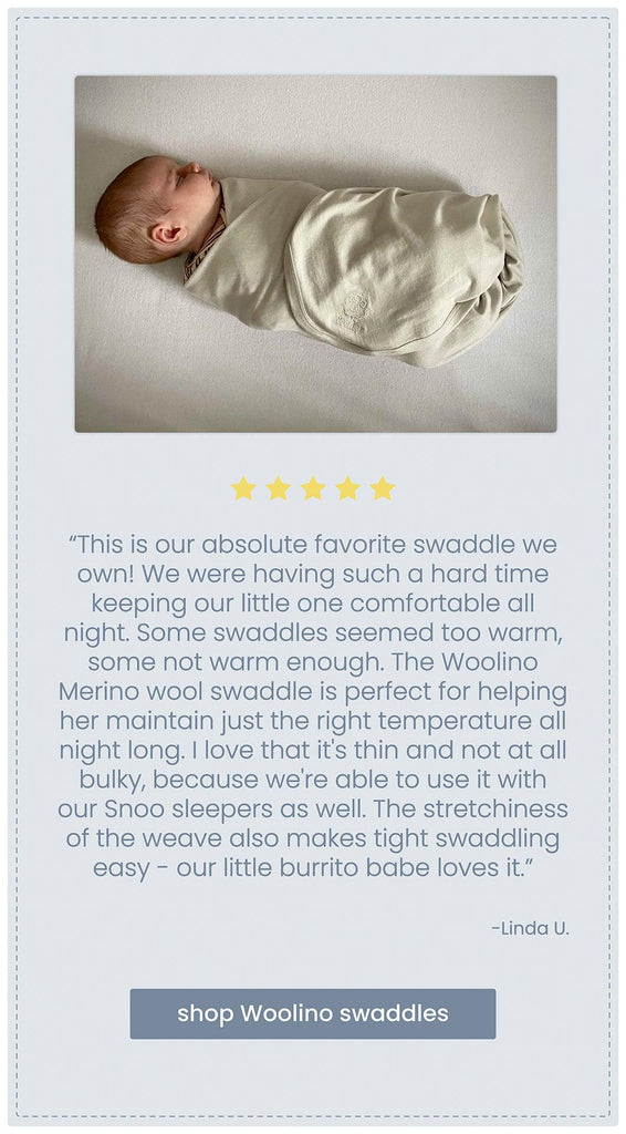 Woolino five star customer review with photo of baby swaddled and sleeping in a Woolino merino wool swaddle blanket.
