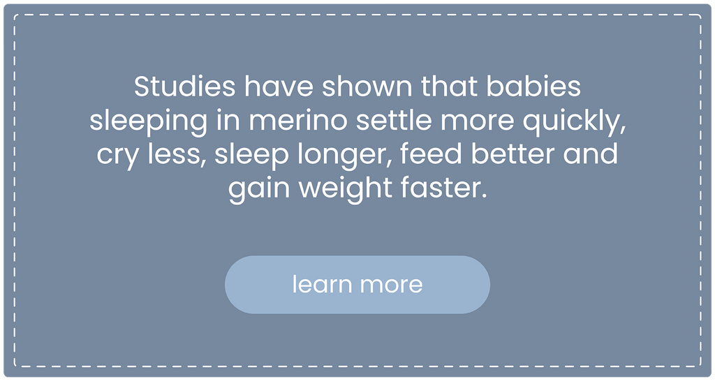 Woolino wool quote stating studies have shown that babies sleeping in merino settle more quickly, cry less, sleep longer, feed better, and gain weight faster.