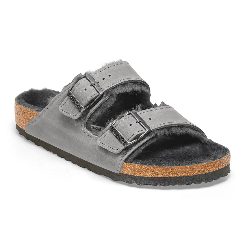 Birkenstock Shearling Arizona Big Buckle Oiled Leather Midnight Two-Strap Sandals