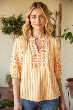 Stripe and Floral Pattern Mixed Knit Top - Randee & Company