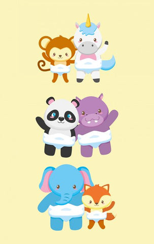 Animated animals in diapers.