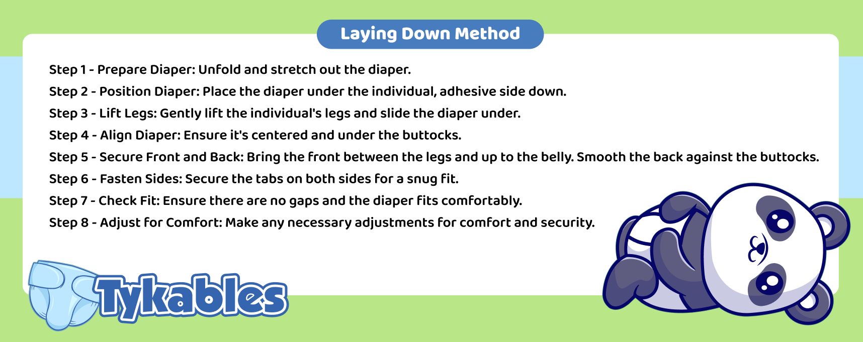 Infographic with the steps for putting on a diaper using the laying down method.