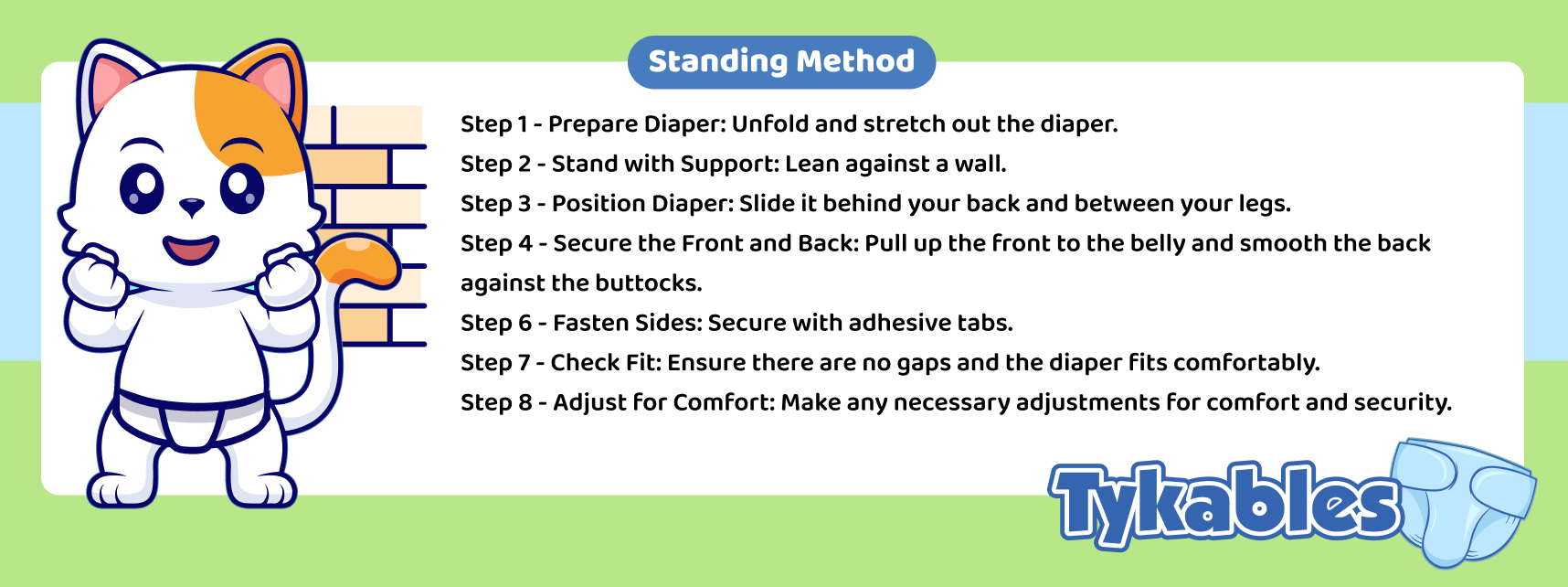 Infographic with the steps for putting on a diaper using the standing method.