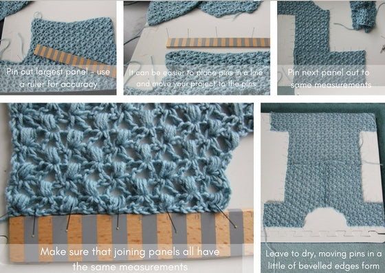 Photo tutorial showing how the baby cardigan pieces are carefully measured out and pinned to help the seaming up process.
