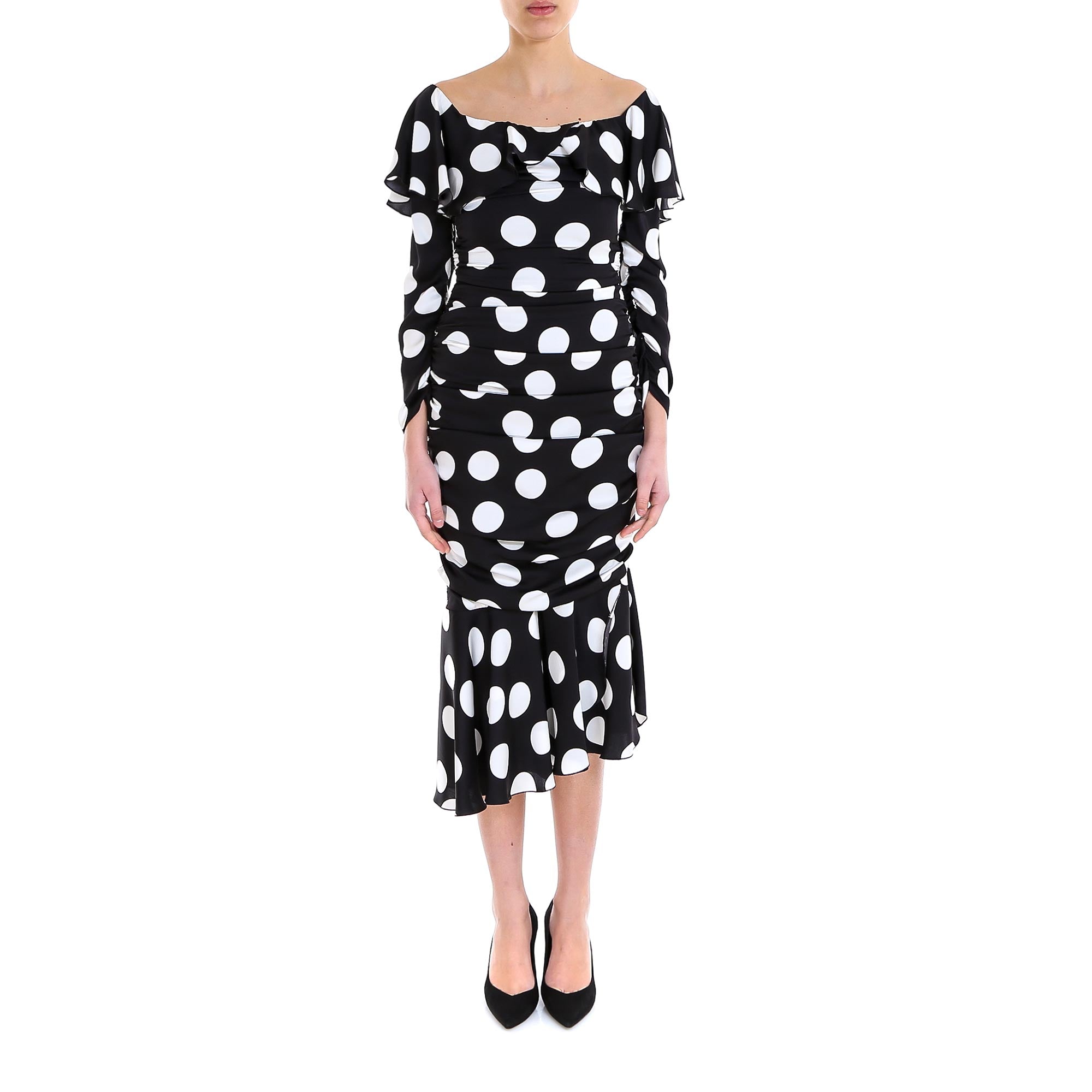 DOLCE & GABBANA DOLCE & GABBANA OFF THE SHOULDER POLKA DOT MIDI DRESS