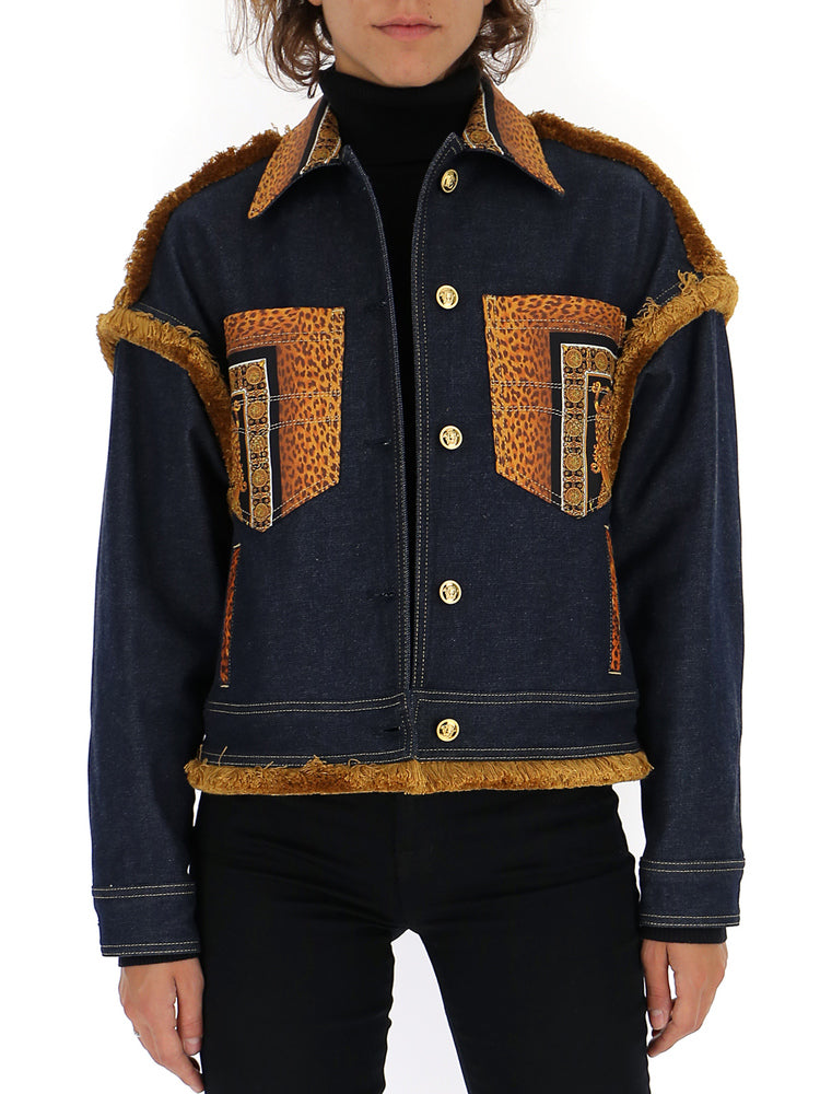 VERSACE VERSACE LEOPARD DETAIL CROPPED DENIM JACKET