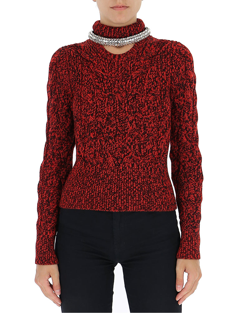 ALEXANDER MCQUEEN ALEXANDER MCQUEEN EMBELLISHED NECKLINE CABLE KNIT SWEATSHIRT