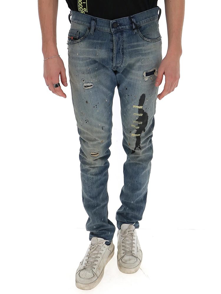 Diesel Distressed Paint Splatter Effect Jeans In Blue | ModeSens