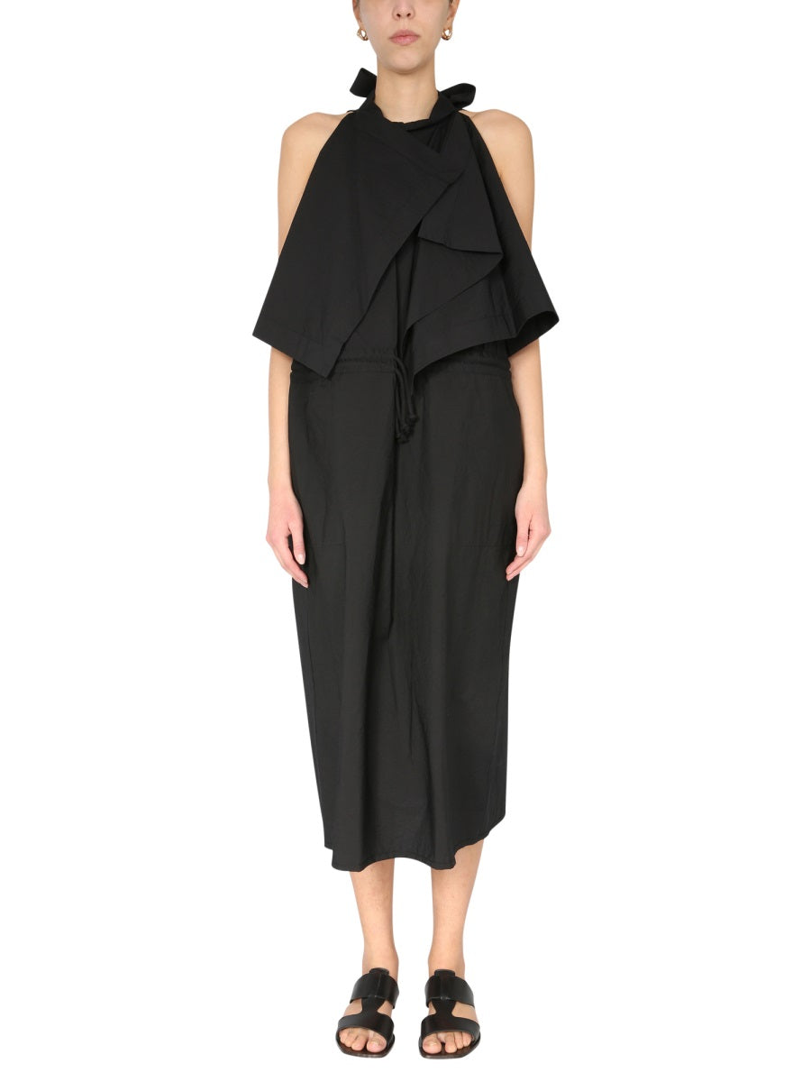 Lemaire Drawstring Waist Drape Front Sleeveless Foulard Dress In Black