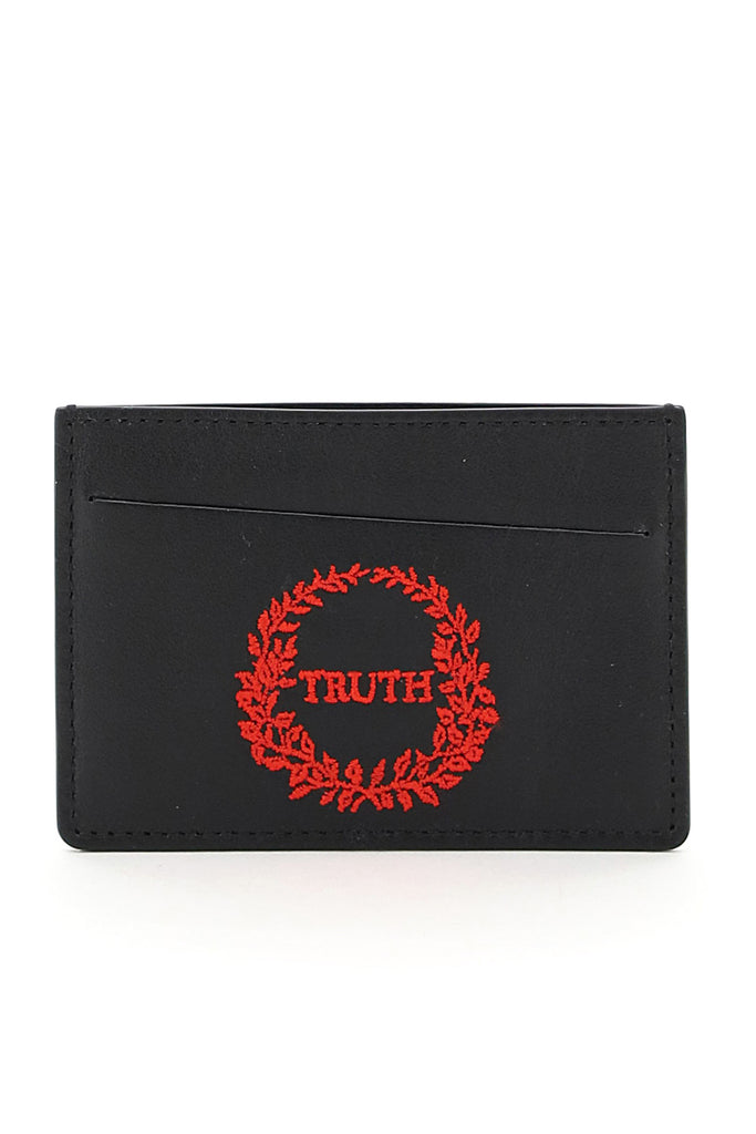 Maison Margiela Leather Card Holder Truth Embroidery In Black,red