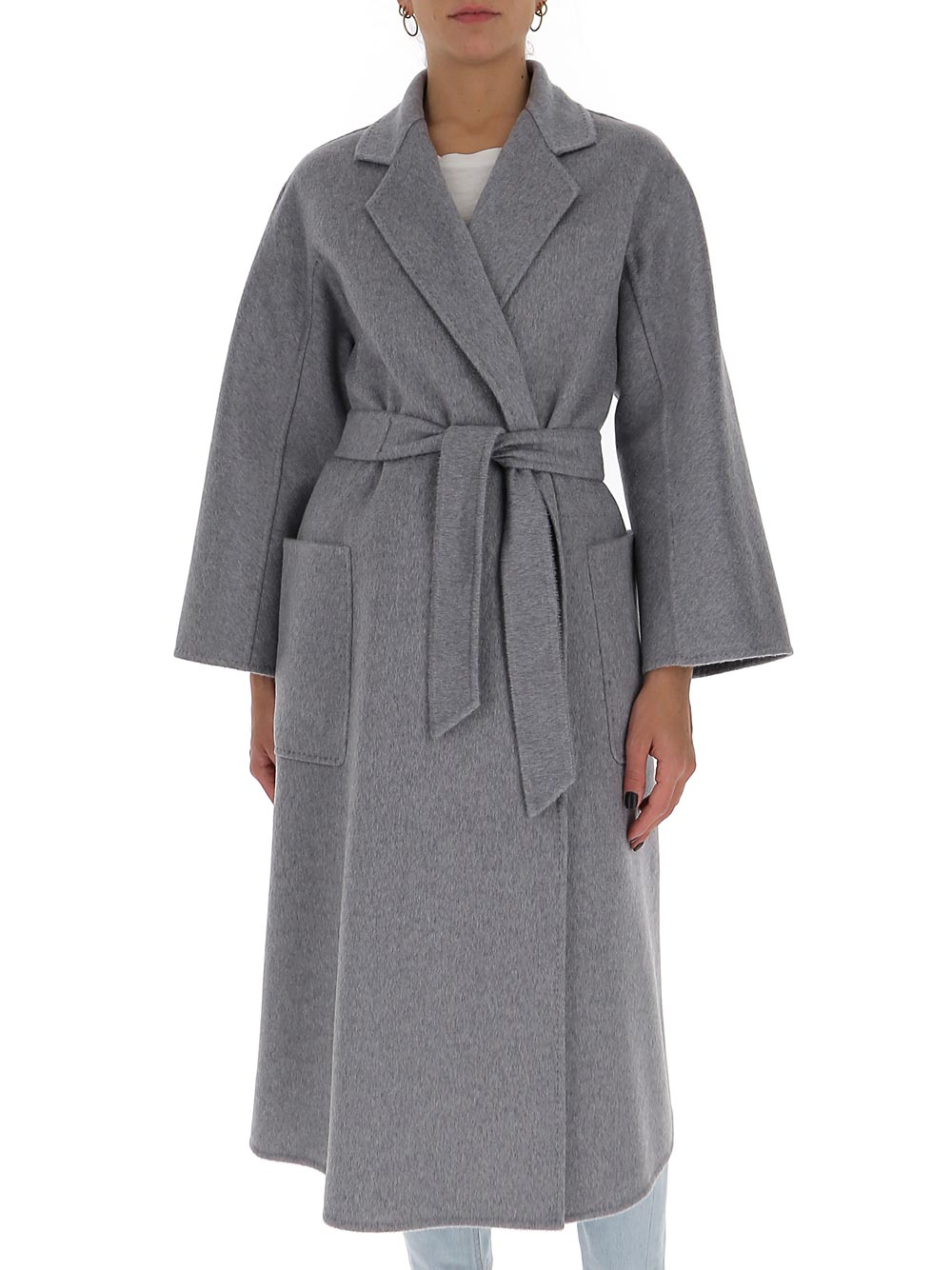 Max Mara Belted Wrap Coat In Grey