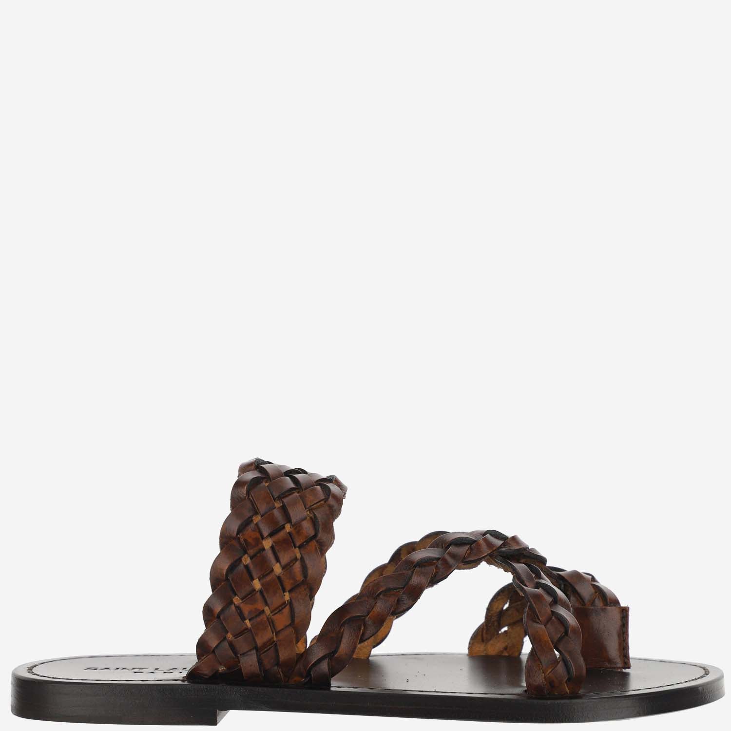 Saint Laurent Neil Braided Flat Sandals In Brown