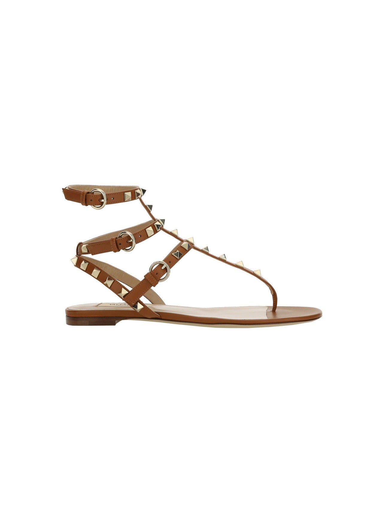 Valentino Garavani Rockstud Flat Brown Calfskin Sandal With Straps