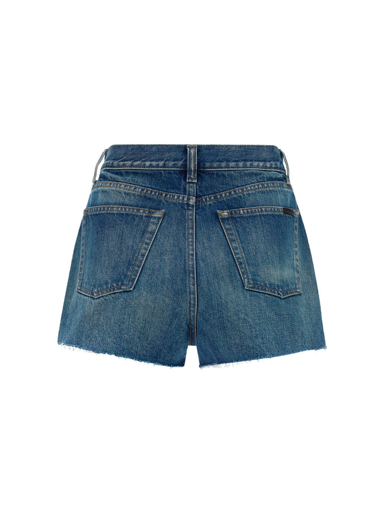 Shop Saint Laurent High Rise Denim Shorts In Blue