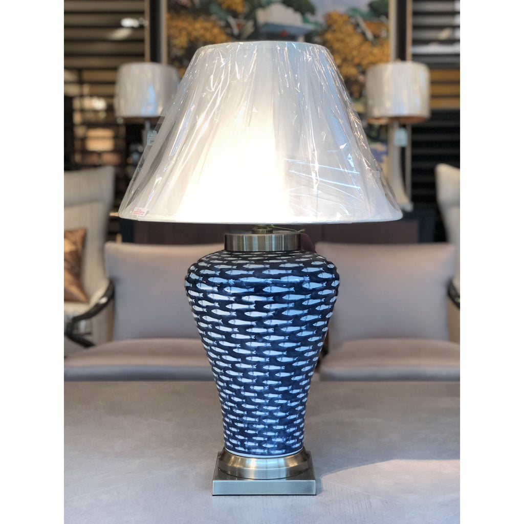 silver and blue table lamp