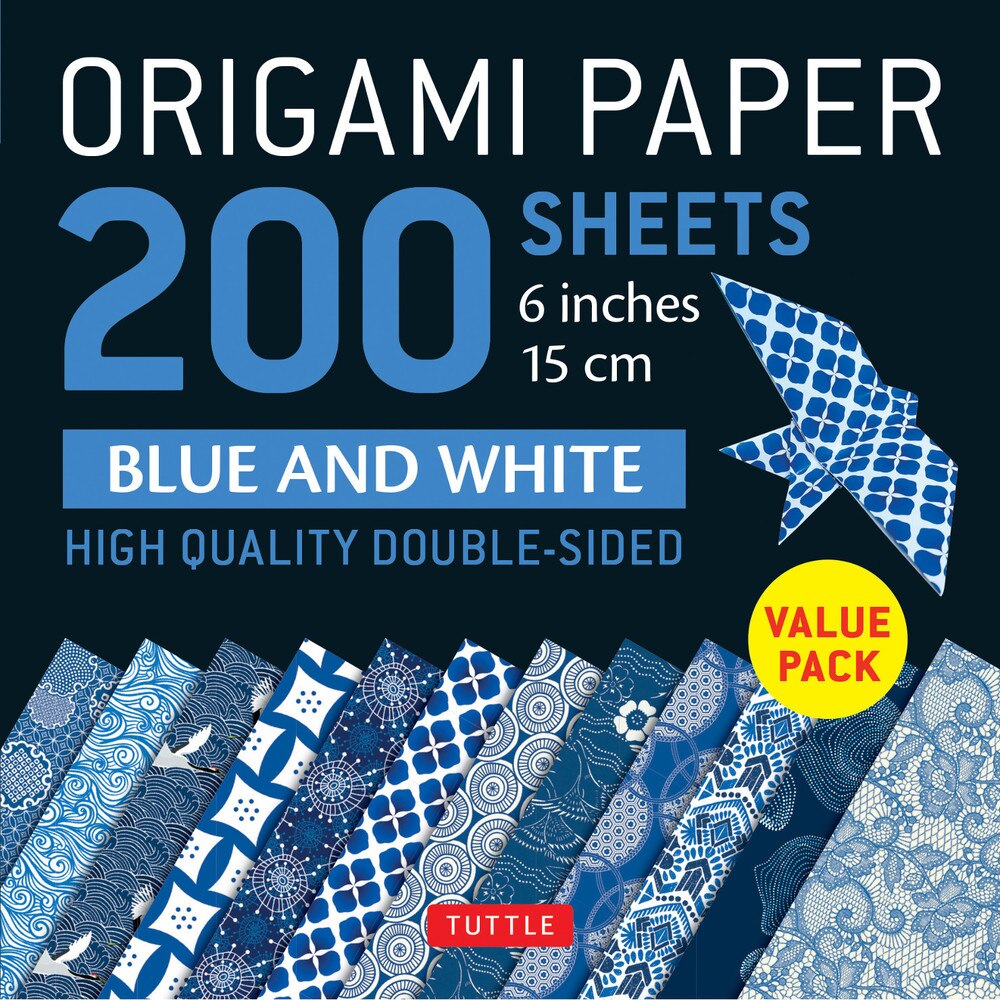 200 Sheets Blue & White Patterns Origami Paper