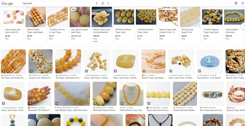 A screenshot of google image results for Topaz Jade showing many thumbnails of beads, cabochons, and jewelry with a buttery yellow colored stone.  