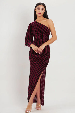 One shoulder maxi dress in wine colour from Romance front view with one full sleeve