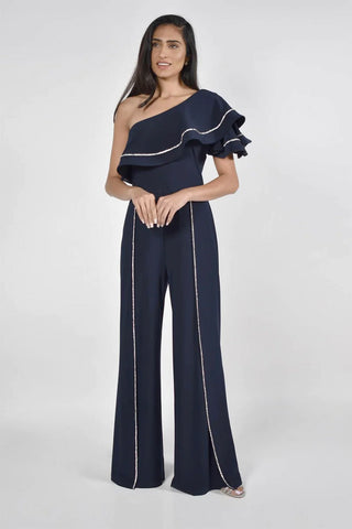 one shoulder jumpsuit with a flared leg and shoulder, blue with a white stripe by Frank Lyman