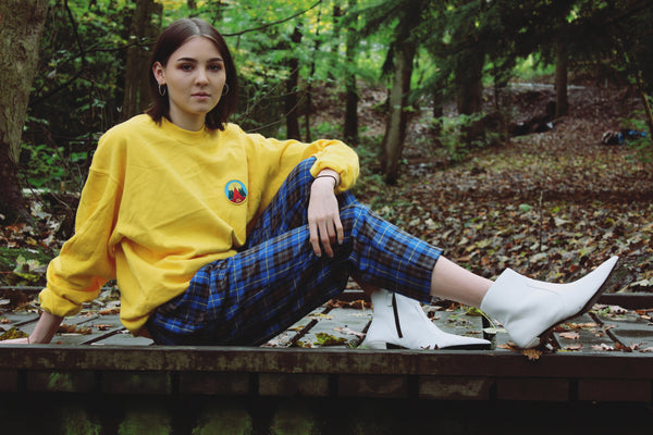 yellow blue check vintage white boots printed jumper