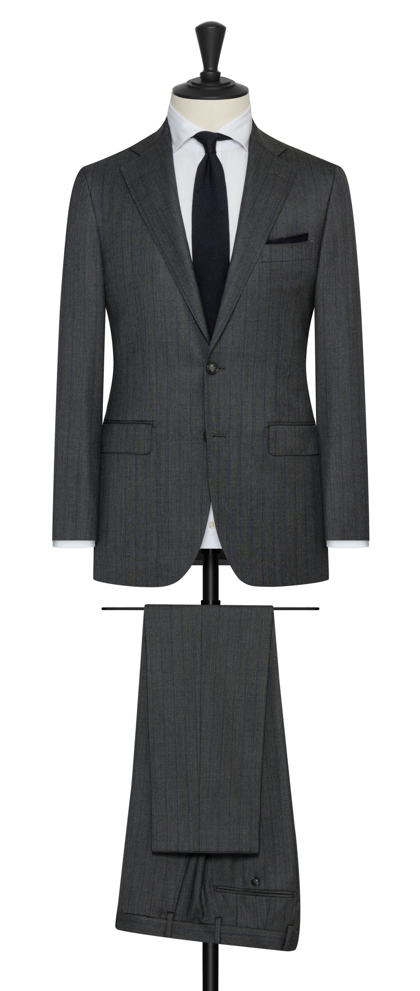 Made To Measure Suit Vbc Charcoal S130 Wool Sharkskin With Navy Stripe Possen