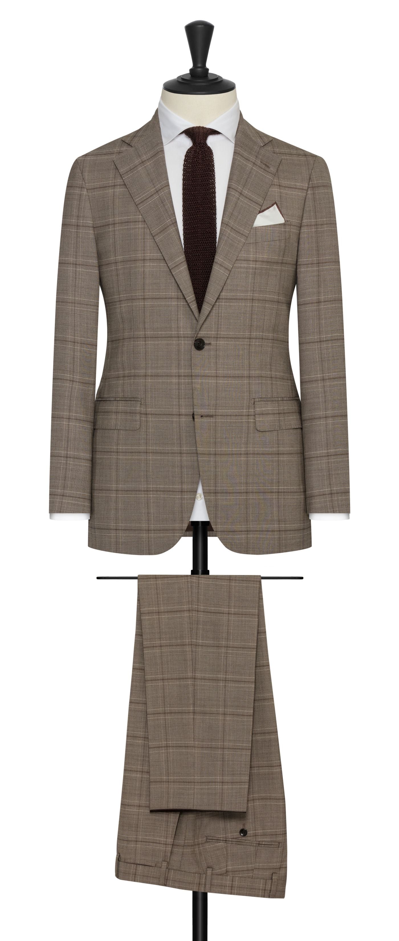Made To Measure Suit Vbc Taupe S130 Wool With Chocolate Glencheck Possen