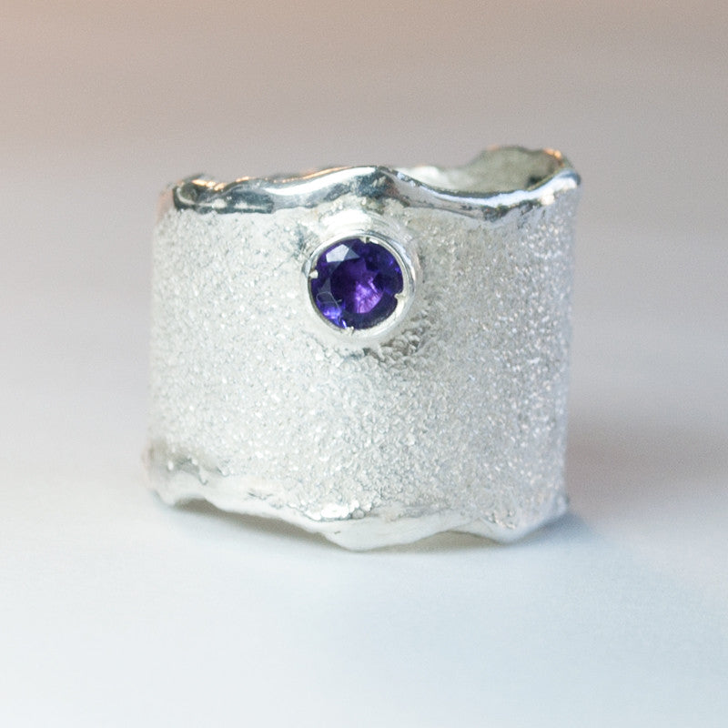 Amethyst Silver ring, Amethyst Solitaire ring wide silver rough ring ...