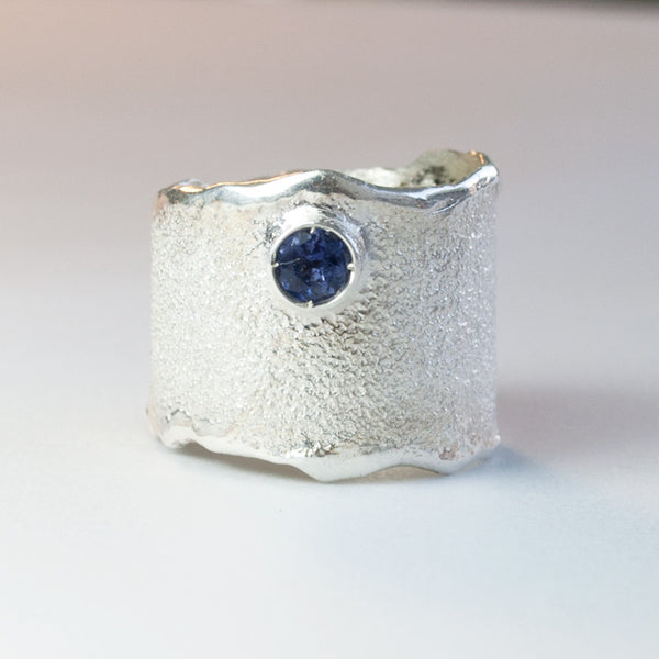 Blue Iolite Wide Silver ring, blue iolite Solitaire ring rough texture ...