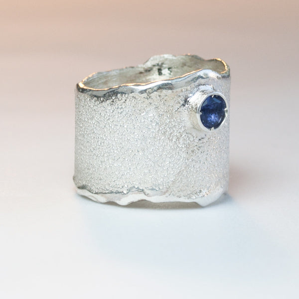 Blue Iolite Wide Silver ring, blue iolite Solitaire ring rough texture ...