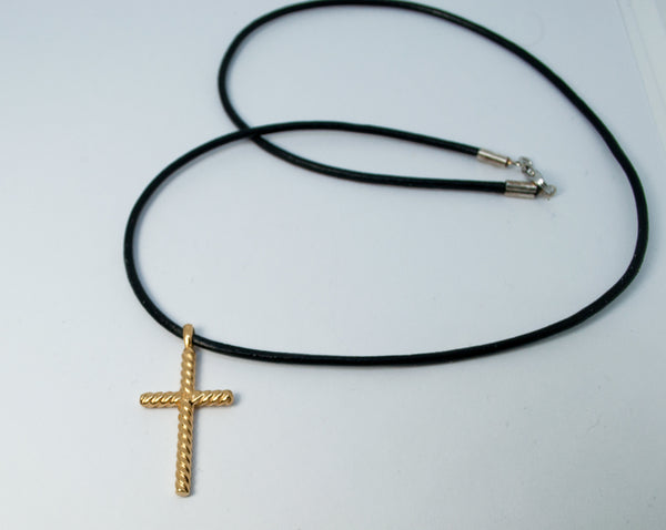 Silver cross necklace with leather rope, textured silver cross pendant ...