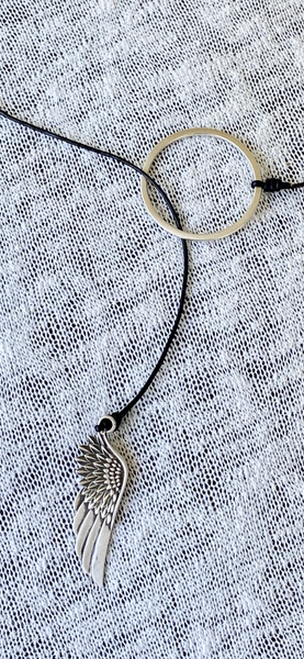 Lariat necklace silver circle and angel wing necklace 