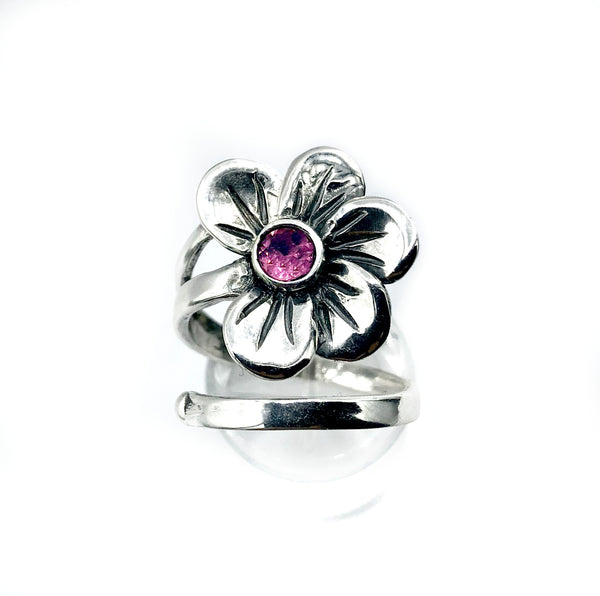 poppy flower ring, pink tourmaline silver ring, silver ring adjustable 