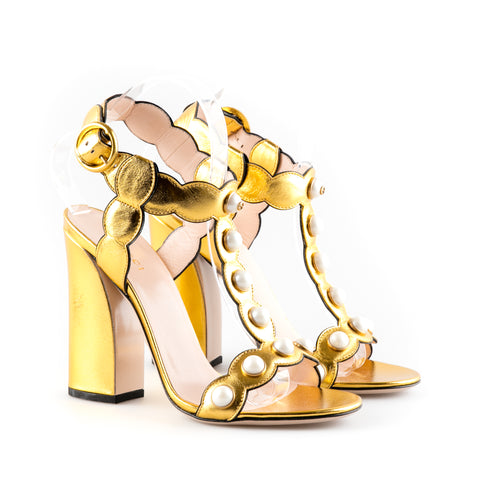 gucci gold heels with pearls