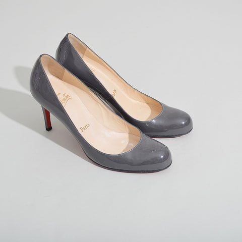 grey patent pumps