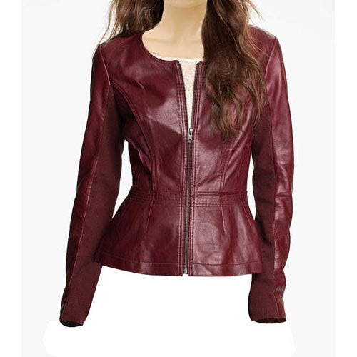 Women's maroon collarless leather jacket, Burgundy jacket – Lusso Leather