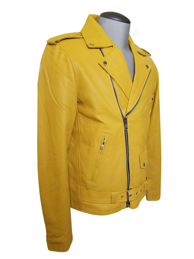 Olson's yellow biker style leather jacket with waist belt – Lusso Leather