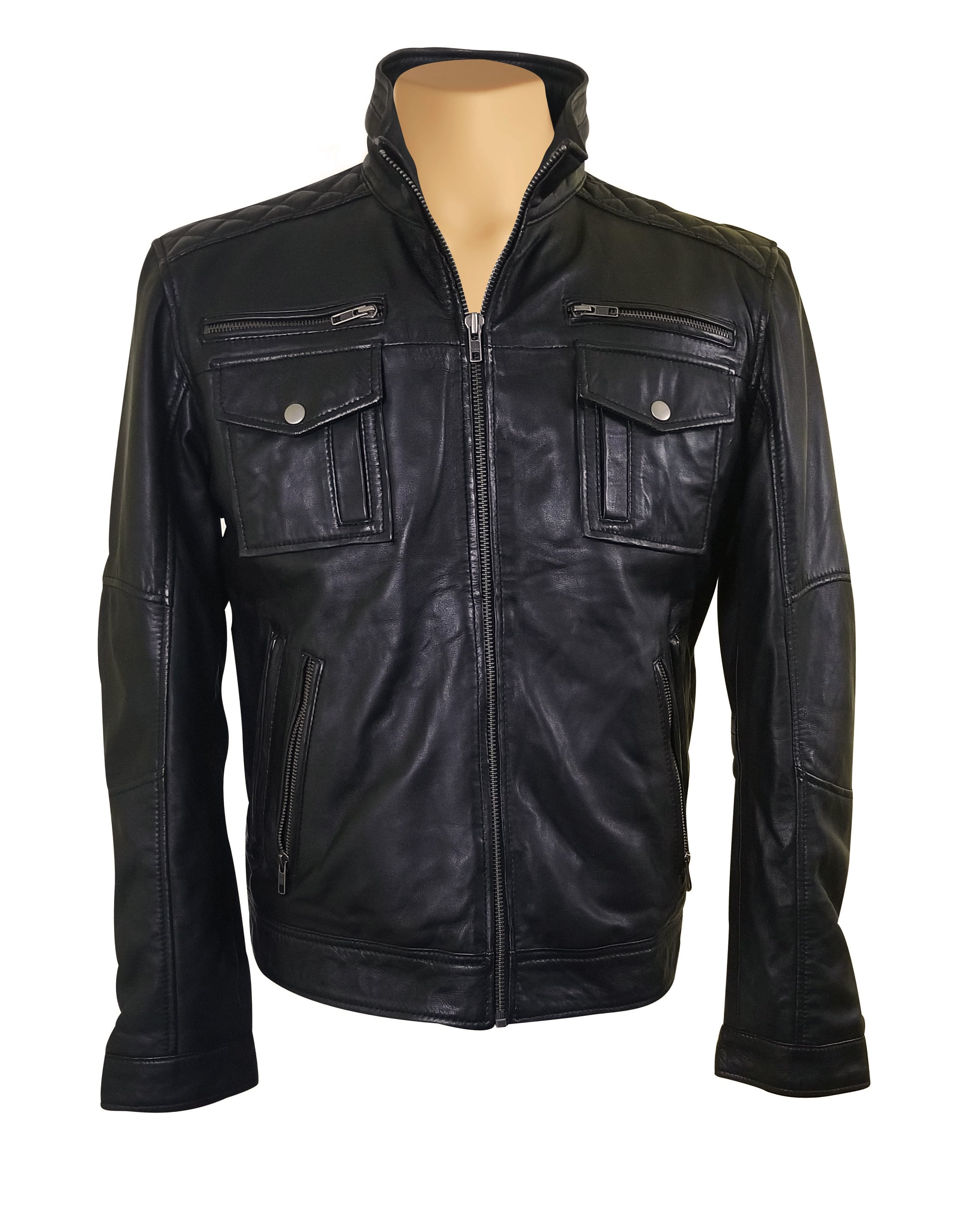 Black Zip up leather jacket with flap pockets and 6 other pockets ...