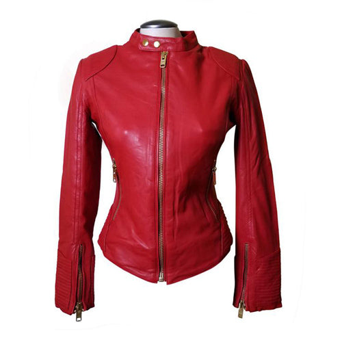 Kirby’s Red Leather Jacket With Buttoned Collar – Lusso Leather