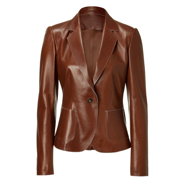 Women's Dark Cognac leather blazer, Faux Leather – Lusso Leather