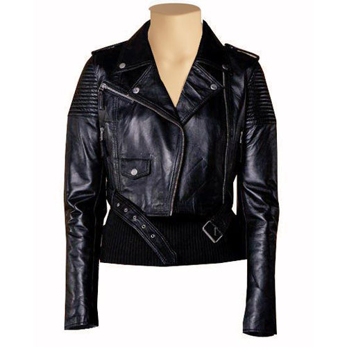 Martyna's black crop biker leather jacket with waist belt – Lusso Leather