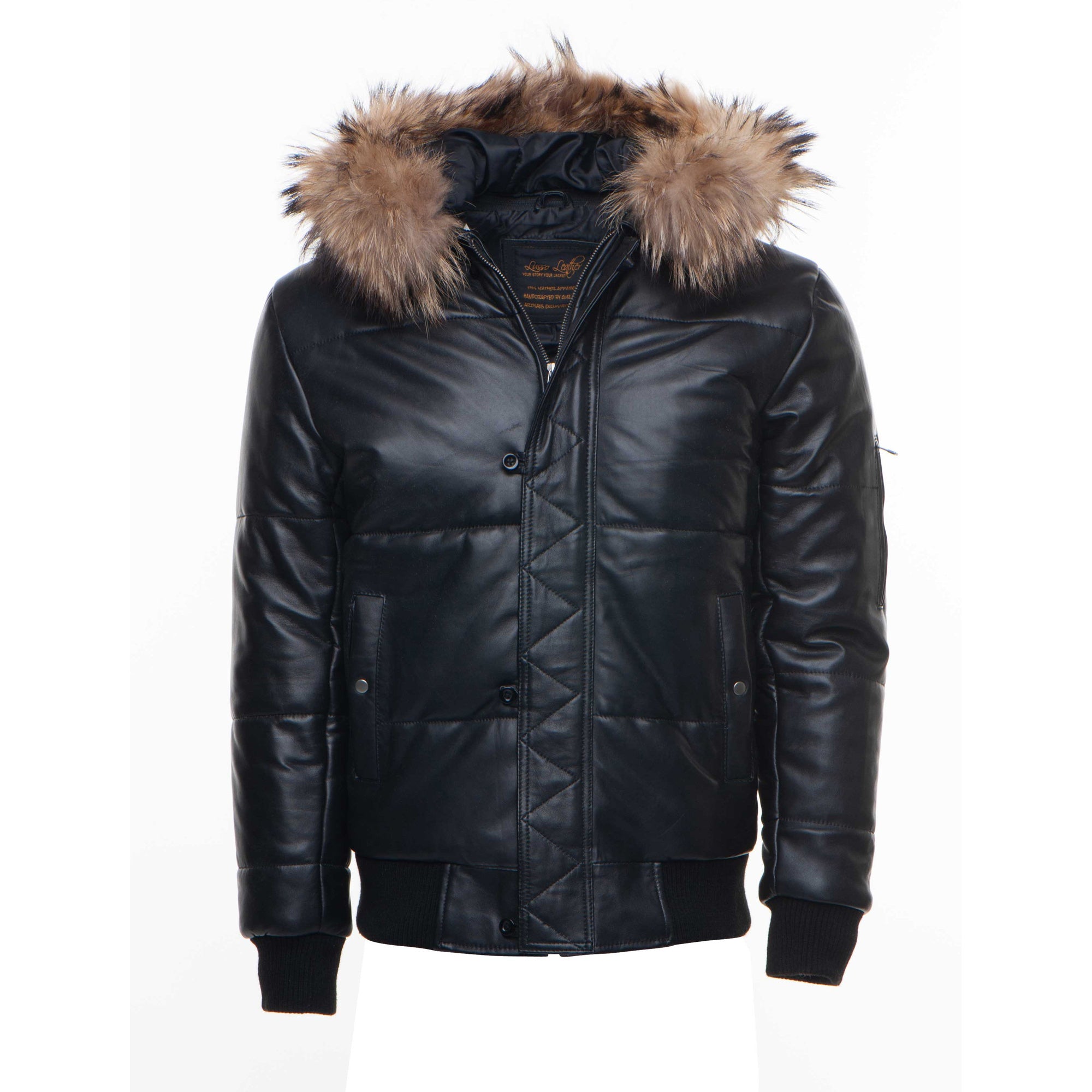 Traynor's Puffer Winter Leather Jacket with Ribbed Cuffs and Waist and ...