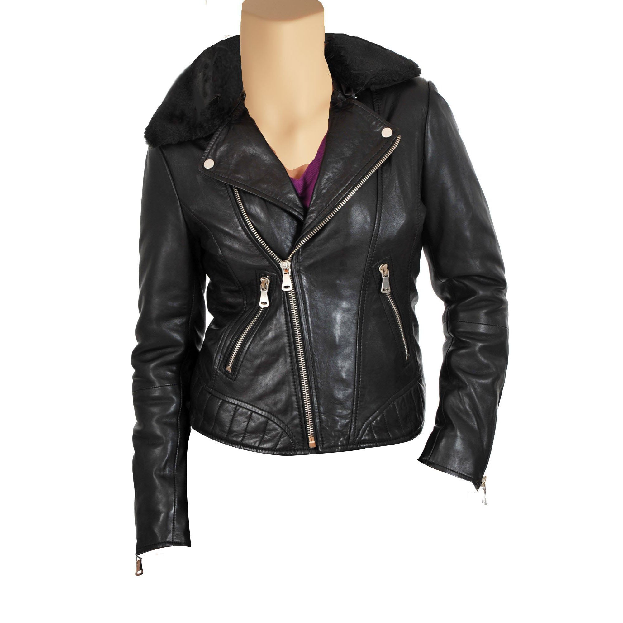 Women’s Biker Style Leather Jacket With Fur Collars – Lusso Leather