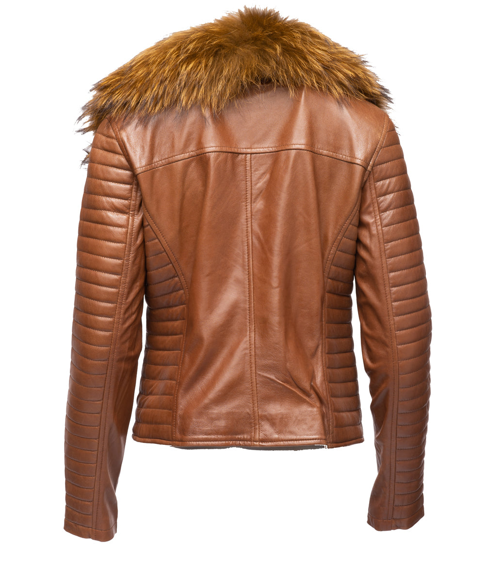 Women's Large Fur Shawl leather jacket with ribbed sleeve detailing ...