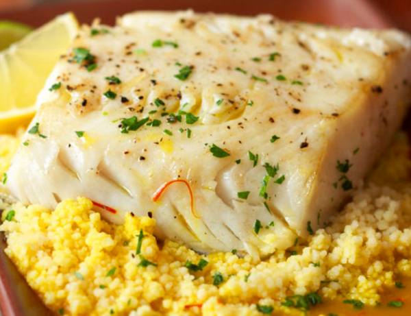 Olive Oil Poached Alaska Sablefish with Couscous and Saffron Broth