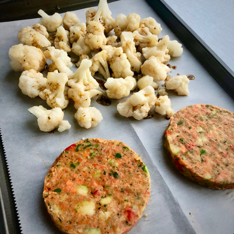 one-sheet salmon patties with balsamic cauliflower